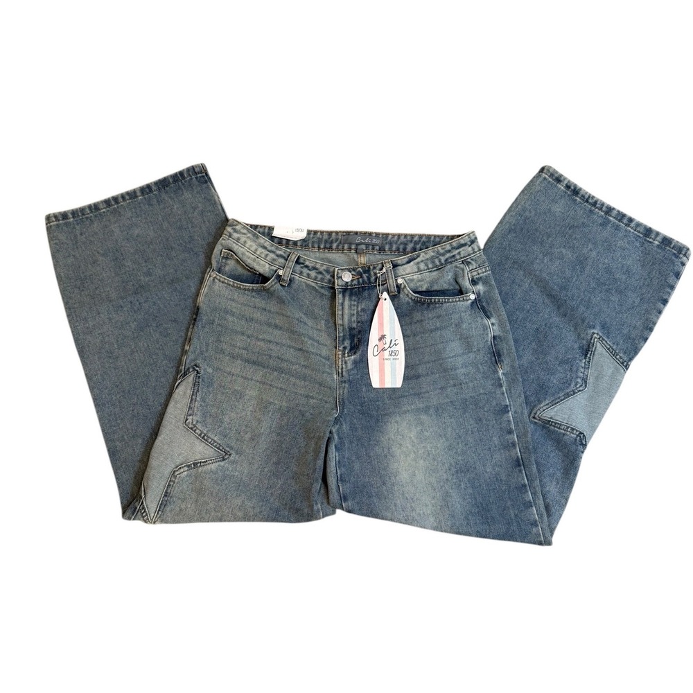Cali 1850 Womens Wide Leg Star Patch Denim Jeans Medium Wash Blue Size 13/31 NEW
